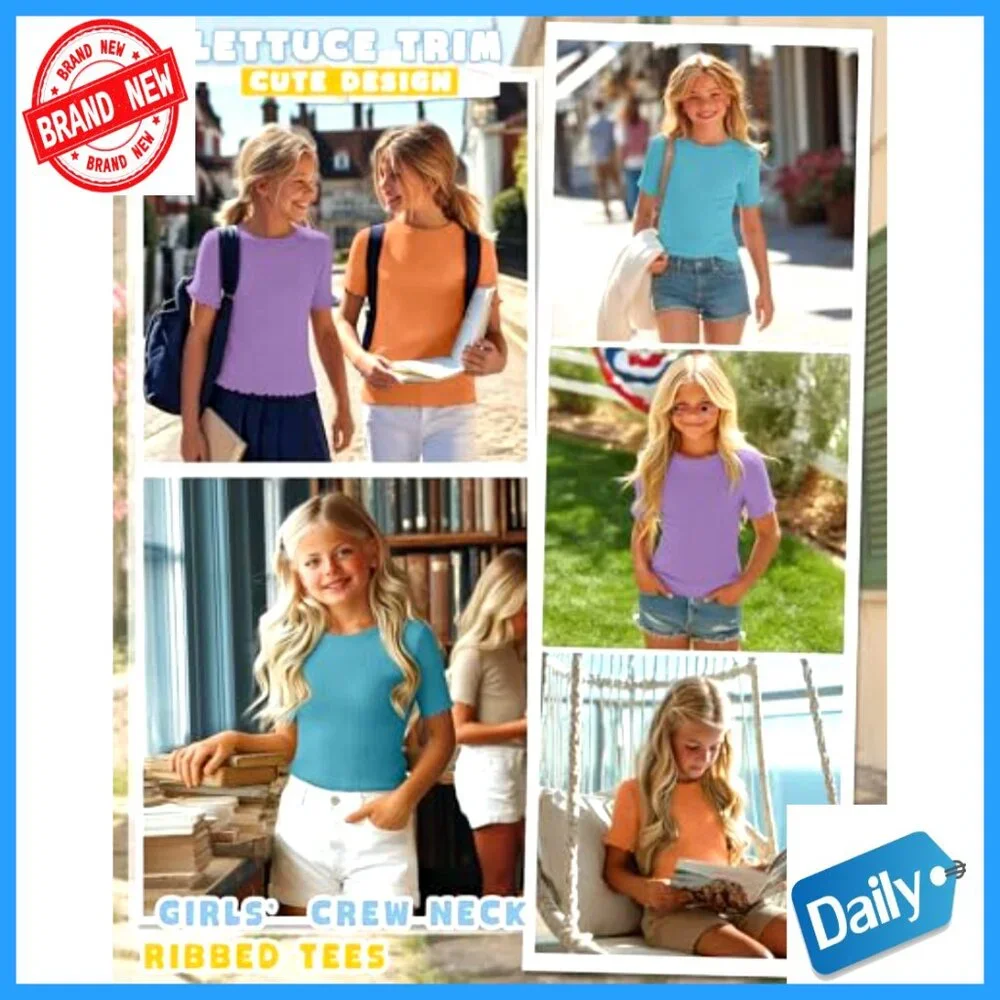 Girls' 3 Pack Ribbed Short Sleeve Tees Crew Neck Lettuce Trim Tops